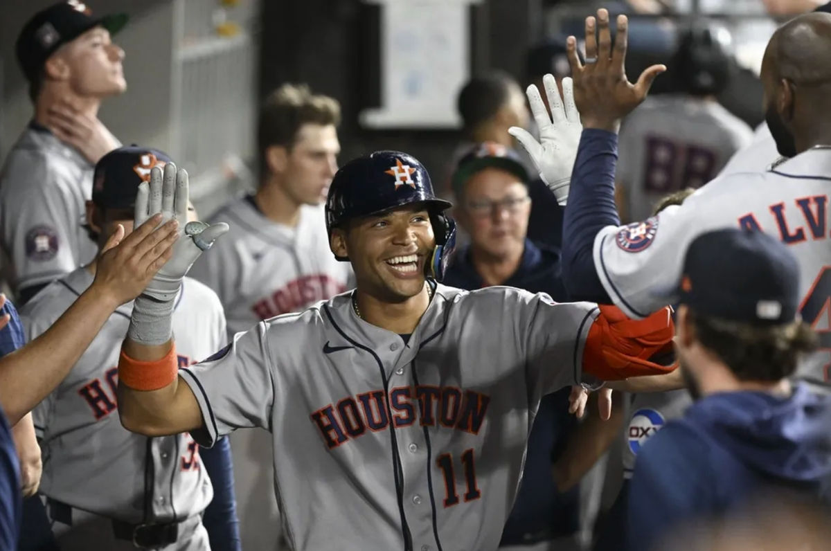 Jul 24, 2026; Chicago, Illinois, USA; Houston Astros right fielder Cam Smith (11) celebrates in the dugout after scoring a two run home run during the sixth inning against the Chicago White Sox at Rate Field. Mandatory Credit: Matt Marton-Imagn Images