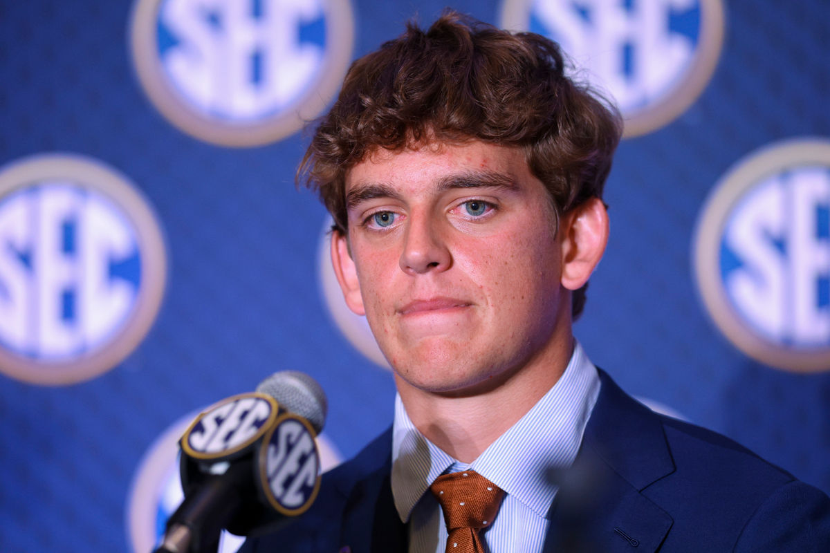 Jul 23, 2026; Tampa, FL, USA; Texas Longhorns quarterback Arch Manning (16) speaks to the press during SEC Football Kickoff Media Day at the Tampa Marriott. Mandatory Credit: Nathan Ray Seebeck-Imagn Images