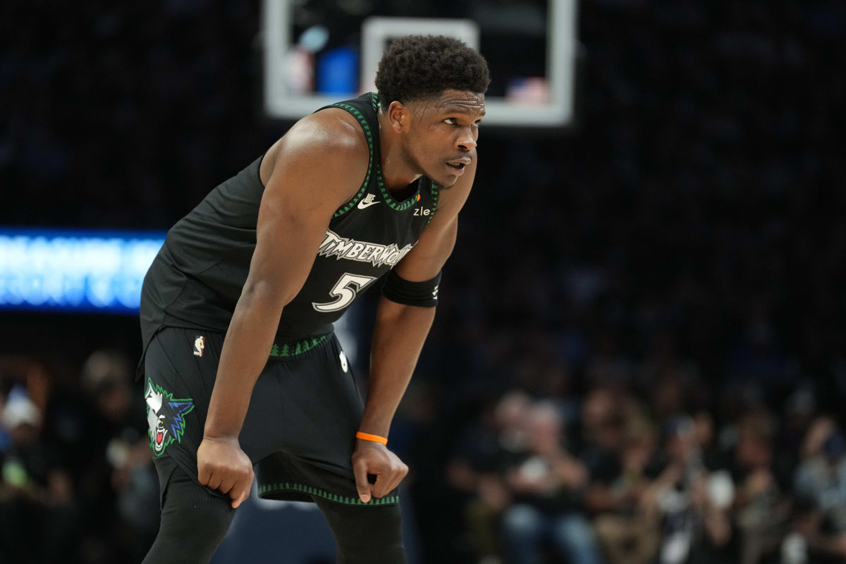 May 15, 2026; Minneapolis, Minnesota, USA; Minnesota Timberwolves guard Anthony Edwards (5) looks on against the San Antonio Spurs in the first half during game six of the second round of the 2026 NBA Playoffs at Target Center. Mandatory Credit: Jesse Johnson-Imagn Images