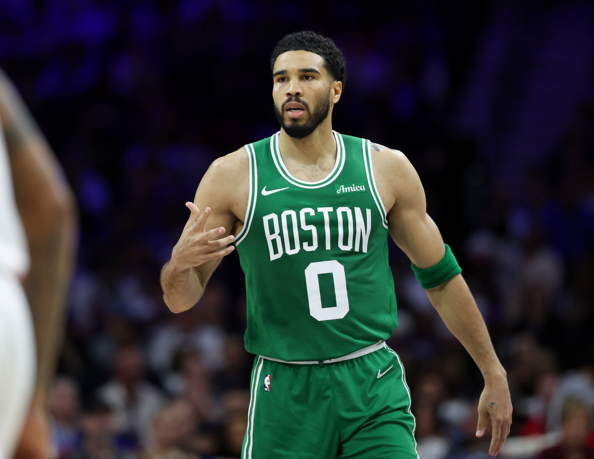 Apr 30, 2026; Philadelphia, Pennsylvania, USA; Boston Celtics forward Jayson Tatum (0) reacts to his score against the Philadelphia 76ers during the second quarter at Xfinity Mobile Arena. Mandatory Credit: Bill Streicher-Imagn Images