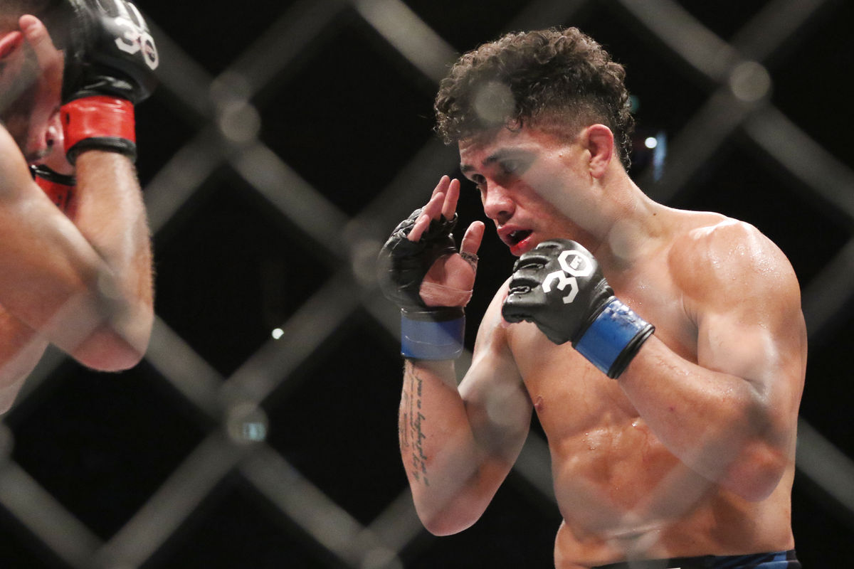 Sep 9, 2023; Sydney, NSW, AUSTRALIA; Nasrat Haqparast (red gloves) fights Landon Quinones (blue gloves) during UFC 293 at Qudos Bank Arena. Mandatory Credit: Jasmin Frank-USA TODAY Sports