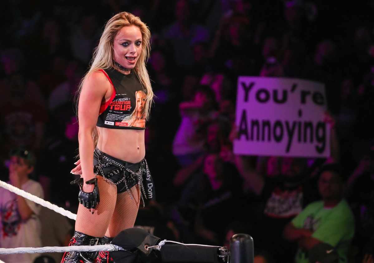 Liv Morgan stands on the turnbuckle after her match with Lyra Valkyria during the WWE Road to WrestleMania show, Saturday, Feb. 14, 2026, in United Supermarkets Arena at Lubbock.