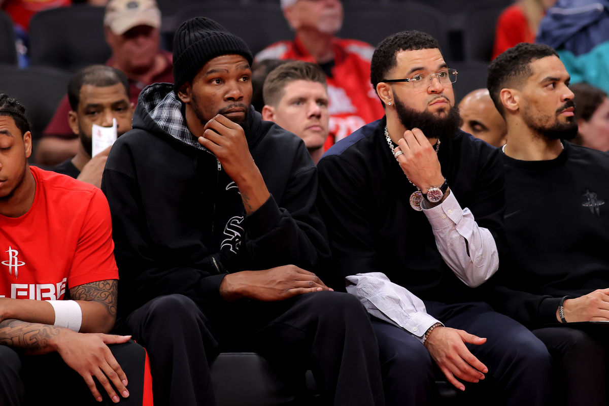 May 1, 2026; Houston, Texas, USA; Houston Rockets forward Kevin Durant (7) and Houston Rockets guard Fred VanVleet (5) sit on the bench against the Los Angeles Lakers during the fourth quarter of game six of the first round of the 2026 NBA Playoffs at Toyota Center. Mandatory Credit: Erik Williams-Imagn Images