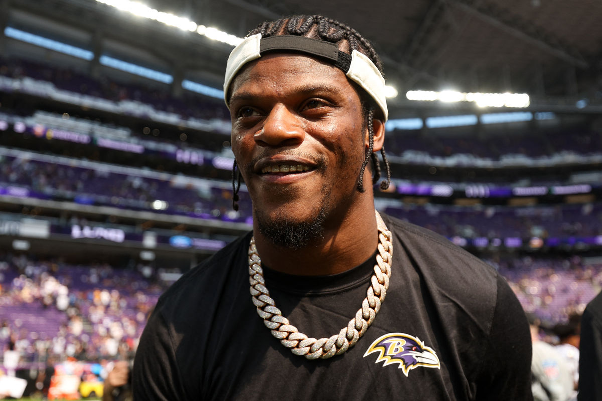 Aug 22, 2026; Minneapolis, Minnesota, USA; Baltimore Ravens quarterback Lamar Jackson (8) looks on after the game against the Minnesota Vikings at U.S. Bank Stadium. Mandatory Credit: Matt Krohn-Imagn Images