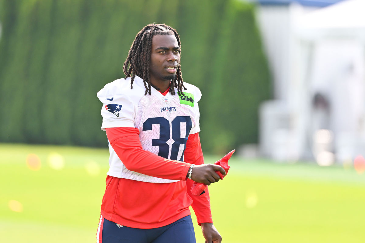 Jul 28, 2026; Foxborough, MA, USA; New England Patriots running back Rhamondre Stevenson (38) walks to practice for training camp at Gillette Stadium. Mandatory Credit: Eric Canha-Imagn Images