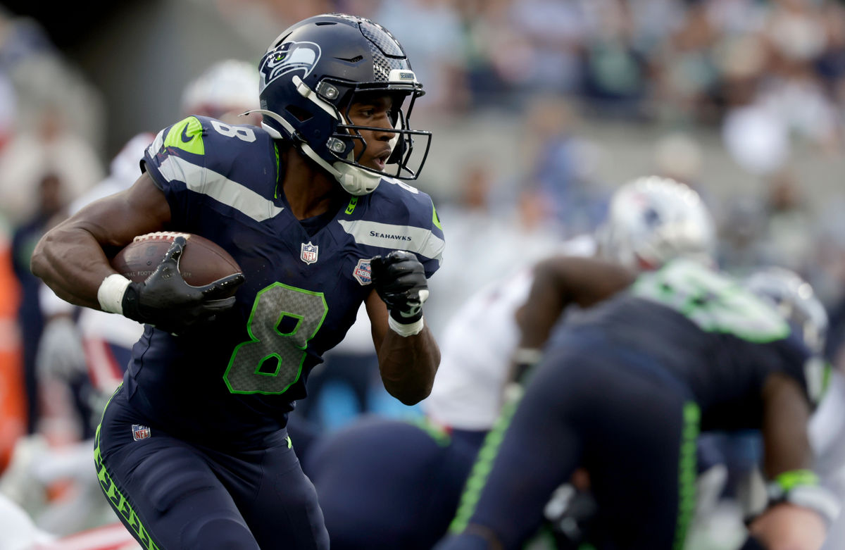 Sep 9, 2026; Seattle, Washington, USA; Seattle Seahawks running back Jadarian Price (8) runs during the second quarter against the New England Patriots at Lumen Field. Mandatory Credit: Joe Nicholson-Imagn Images