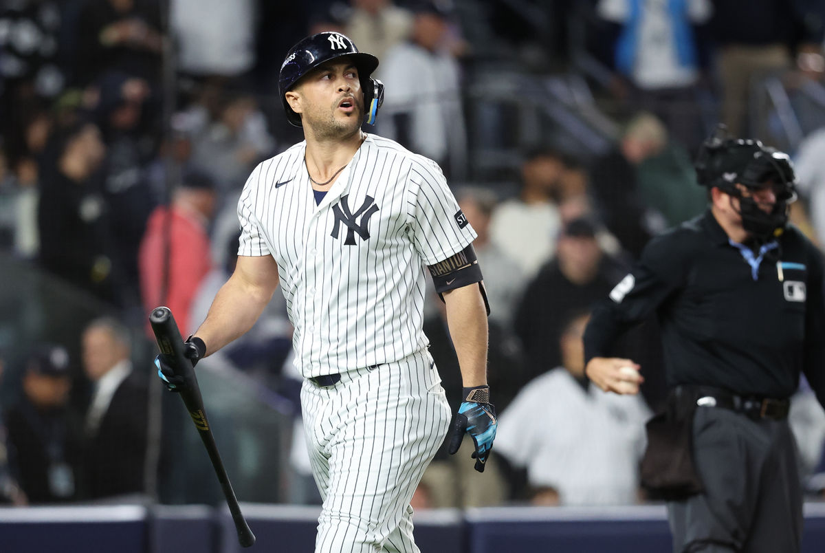 Oct 7, 2026; Bronx, New York, USA; New York Yankees designated hitter Giancarlo Stanton (27) reacts after striking out during the eighth inning against the Tampa Bay Rays in game three of the ALDS for the 2026 MLB Playoffs at Yankee Stadium. Mandatory Credit: Wendell Cruz-Imagn Images