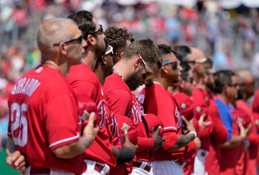 The Phillies OF should probably wear their helmets in the field, too