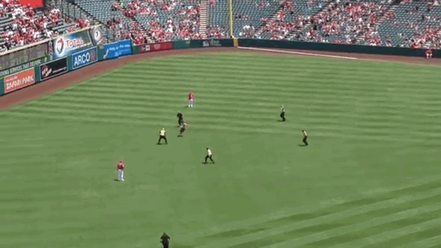 Idiot On The Field Invades Angels Game, Eludes Security, Throws Pitch