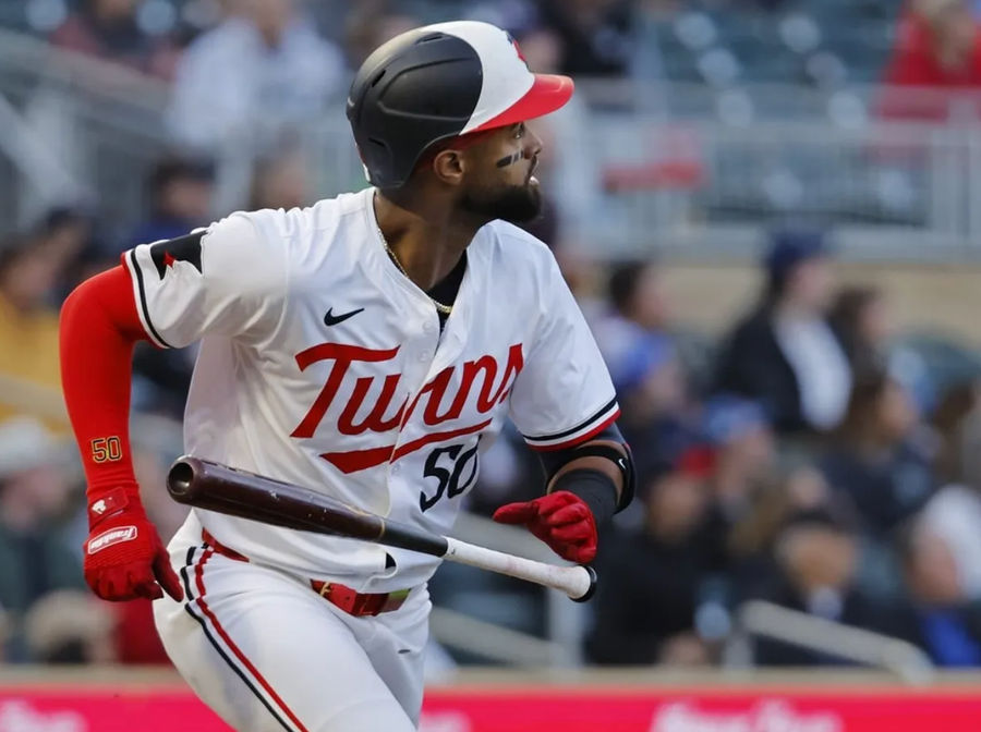 Apr 24, 2024; Minneapolis, Minnesota, USA; Minnesota Twins shortstop Willi Castro (50) tosses his bat as he watches his three-run home run go against the Chicago White Sox in the second inning at Target Field. credits: Bruce Kluckhohn-USA TODAY Sports