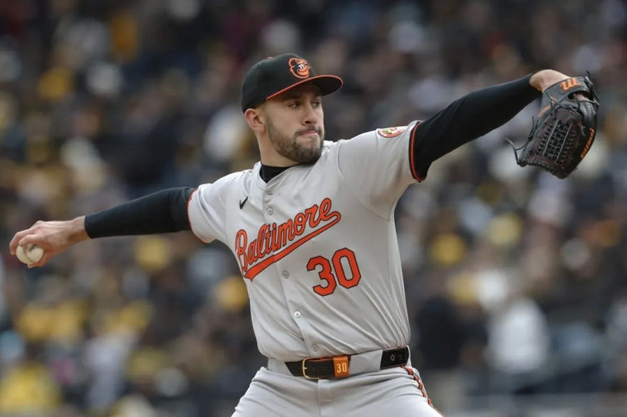 Apr 5, 2024; Pittsburgh, Pennsylvania, USA; Baltimore Orioles starting pitcher Grayson Rodriguez (30) delivers a pitch against the Pittsburgh Pirates during the first inning at PNC Park. credits: Charles LeClaire-USA TODAY Sports