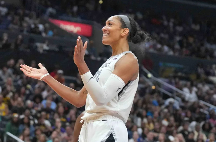 Jul 5, 2024; Los Angeles, California, USA; Las Vegas Aces center A'ja Wilson (22) reacts against the LA Sparks in the second half at Crypto.com Arena. Mandatory Credit: Kirby Lee-USA TODAY Sports