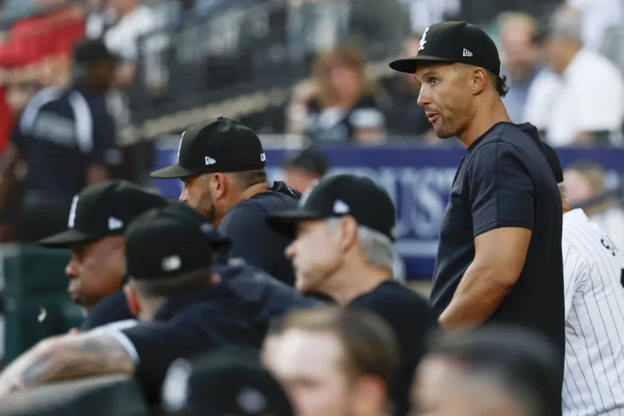 Chicago, Illinois, USA; Chicago White Sox interim manager Grady Sizemore (24) in the dugout during the first inning of a baseball game against the Oakland Athletics at Guaranteed Field. Watch the game. Mandatory Credit: Kamil Krzaczynski-Imagn Images