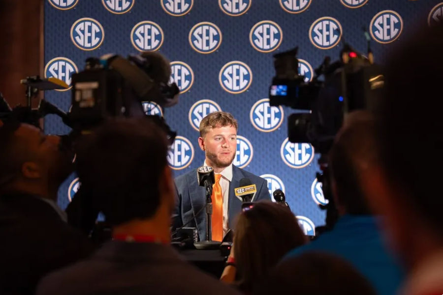 July 17, 2024; Dallas, Texas, USA; Texas quarterback Quinn Ewers gave a speech at the Omni Hotel in Dallas. Mandatory Credit: Brett Patzke-USA TODAY Sports