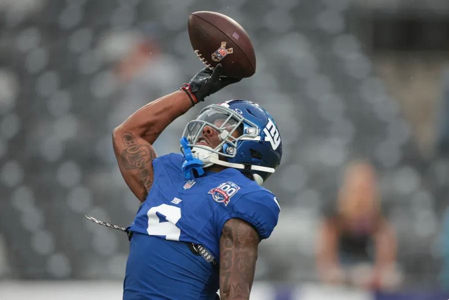 Aug 8, 2024; East Rutherford, New Jersey, USA; New York Giants wide receiver Malik Nabers (9) makes a catch during warm ups before the game against the Detroit Lions at MetLife Stadium. Mandatory Credit: Vincent Carchietta-USA TODAY Sports