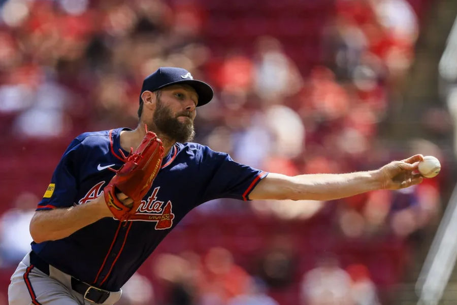 Sep 19, 2024; Cincinnati, Ohio, USA; Atlanta Braves starting pitcher Chris Sale (51) pitches against the Cincinnati Reds in the fourth inning at Great American Ball Park. Mandatory Credit: Katie Stratman-Imagn Images