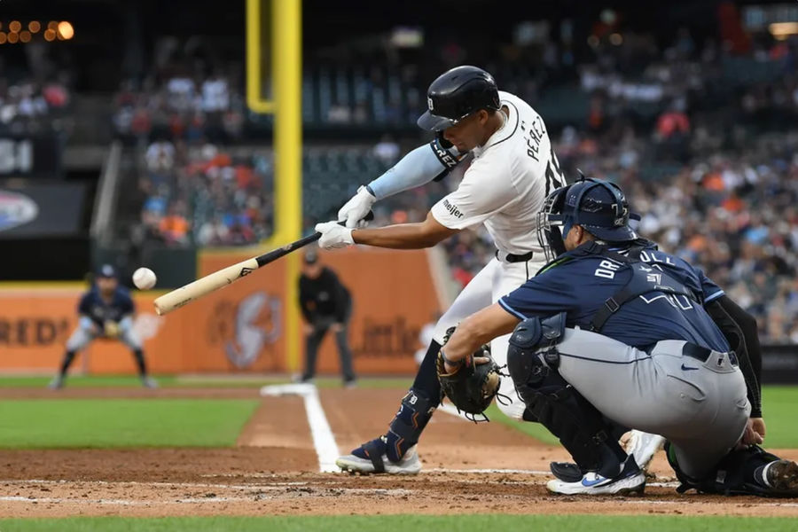 September 25, 2024; Detroit, MI, USA; Detroit Tigers right fielder Wensel Perez (46) hits an RBI hit in the first inning against the Tampa Bay Rays at UnionSign Park. Mandatory Credit: Lon Horwedel-Imagn Images