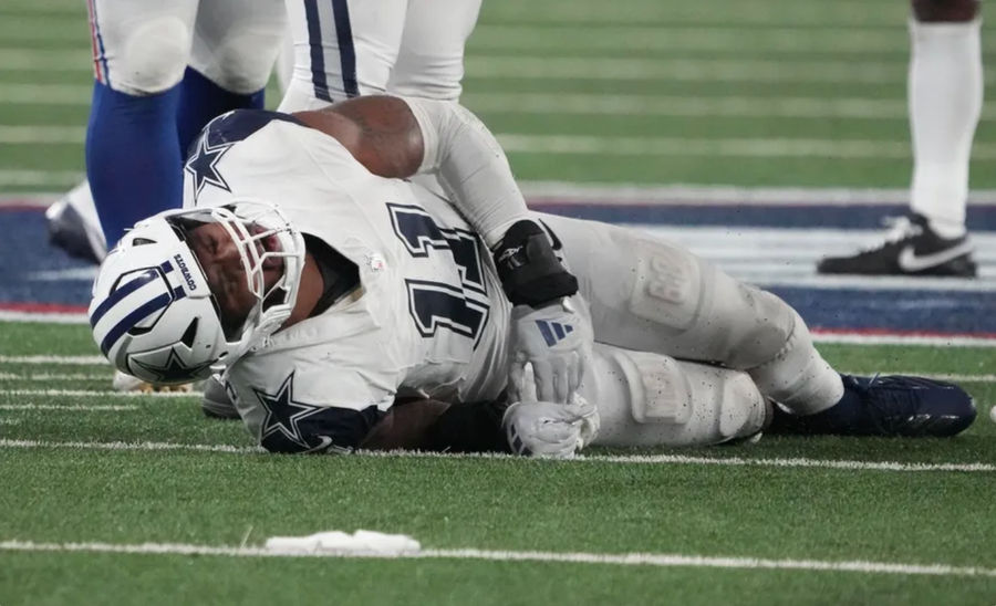 Sep 26, 2024; East Rutherford, New Jersey, USA; Dallas Cowboys linebacker Micah Parsons (11) injured in the second half against the New York Giants at MetLife Stadium. Mandatory Credit: Robert Deutsch-Imagn Images