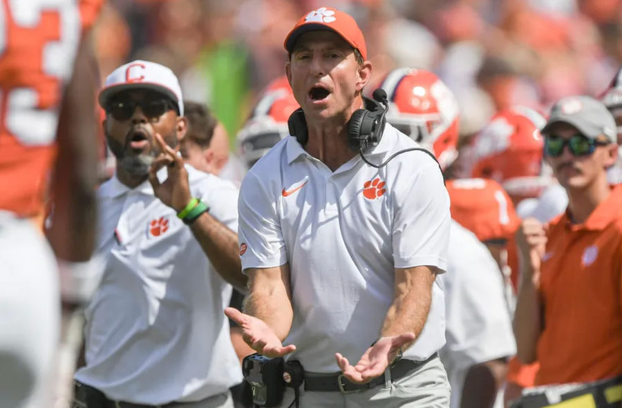 Sep 21, 2024; Clemson, South Carolina, USA; Clemson Tigers head coach Dabo Swinney reacts during the third quarter against the North Carolina State Wolfpack at Memorial Stadium. Mandatory Credit: Ken Ruinard-Imagn Images