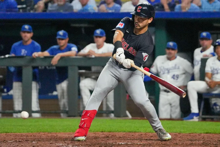 September 4, 2024; Kansas City, Missouri, USA; Cleveland Guardians left fielder Steven Cowan (38) walks in to bat against the Kansas City Royals in the eighth inning at Kauffman Stadium. Mandatory Credit: Denny Medley-Imagen Images