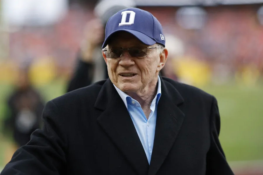 Dallas Cowboys owner Jerry Jones walks off the field after warmups prior to the game against the Washington Commanders at FedExField. Mandatory Credit: Geoff Burke-USA TODAY <a href=