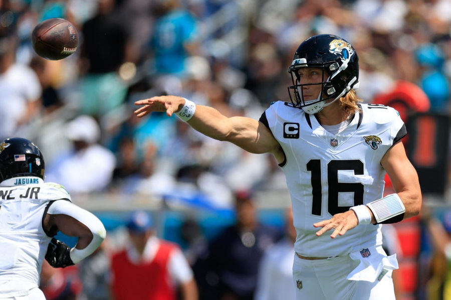 Jacksonville Jaguars quarterback Trevor Lawrence attempts a pass. PHOTO USA Today <a href=