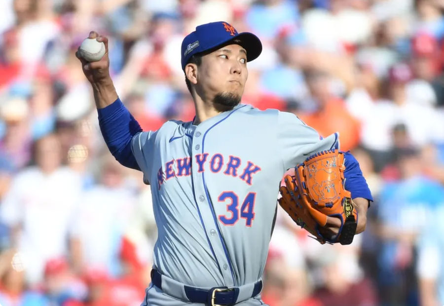 Oct 5, 2024; Philadelphia, PA, USA; New York Mets pitcher Kodai Senga (34) throws a pitch against the Philadelphia Phillies in the first inning in game one of the NLDS for the 2024 MLB Playoffs at Citizens Bank Park. Mandatory Credit: Eric Hartline-Imagn Images