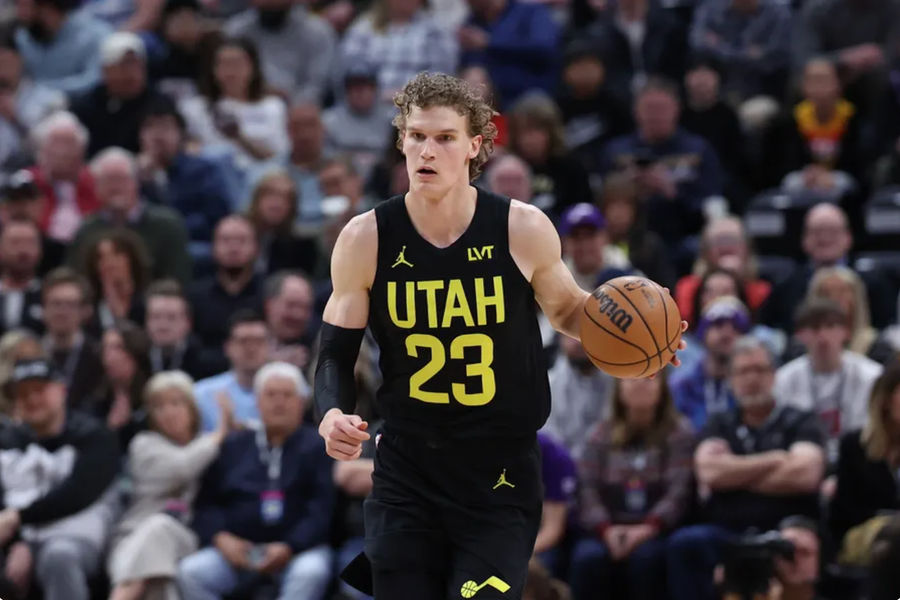 Mar 27, 2024; Salt Lake City, Utah, USA; Utah Jazz forward Lauri Markkanen (23) brings the ball up the court against the San Antonio Spurs during the first quarter at Delta Center. Mandatory Credit: Rob Gray-USA TODAY Sports