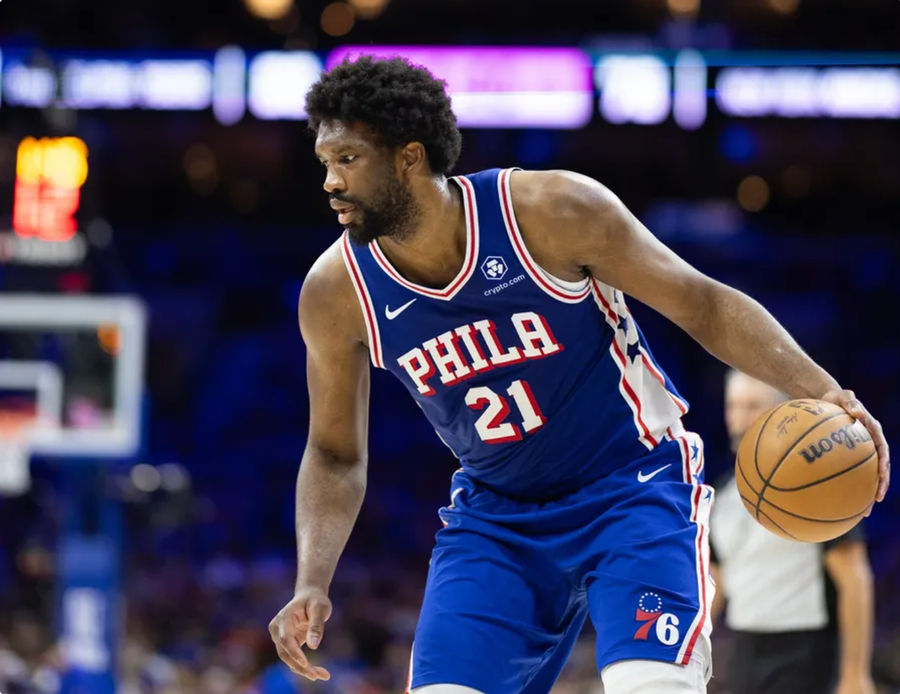 May 2, 2024; Philadelphia, Pennsylvania, USA; Philadelphia 76ers center Joel Embiid (21) in action against the New York Knicks during game six of the first round for the 2024 NBA playoffs at Wells Fargo Center. Mandatory Credit: Bill Streicher-Imagn Images