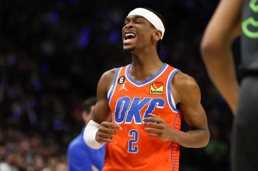 Apr 14, 2023; Minneapolis, Minnesota, USA; Oklahoma City Thunder guard Shai Gilgeous-Alexander (2) reacts to his shot against the Minnesota Timberwolves during the first quarter at Target Center. credits: Matt Krohn-USA TODAY Sports