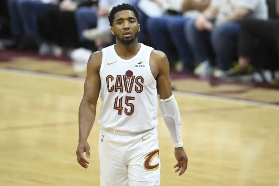 May 11, 2024; Cleveland, Ohio, USA; Cleveland Cavaliers guard Donovan Mitchell (45) reacts in the fourth quarter of game three of the second round of the 2024 NBA playoffs against the Boston Celtics at Rocket Mortgage FieldHouse. Mandatory Credit: David Richard-USA TODAY Sports