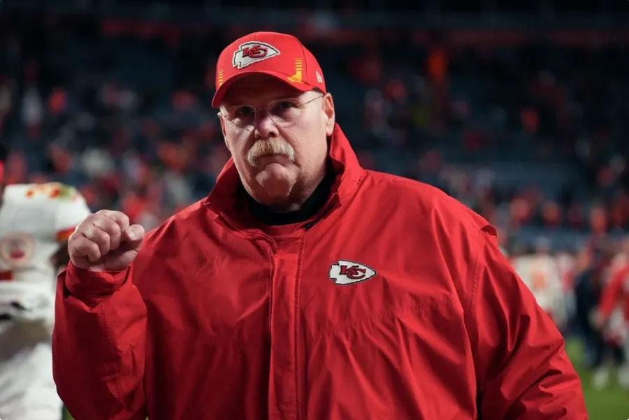 Jan 8, 2022; Denver, Colorado, USA; Kansas City Chiefs head coach Andy Reid reacts after the game against the Denver Broncos at Empower Field at Mile High. credits: Ron Chenoy-USA TODAY Sports