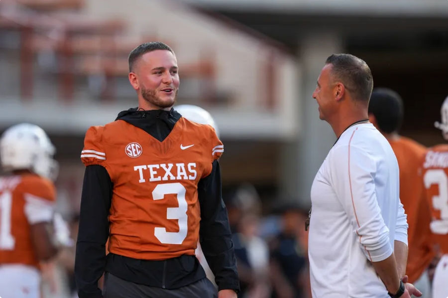 Sep 21, 2024; Austin, Texas, USA; Texas Longhorns quarterback Quinn Ewers (3) talks with head coach Steve Sarkisian before the game against Louisiana Monroe Warhawks at Darrell K Royal-Texas Memorial Stadium. Mandatory Credit: Daniel Dunn-Imagn Images