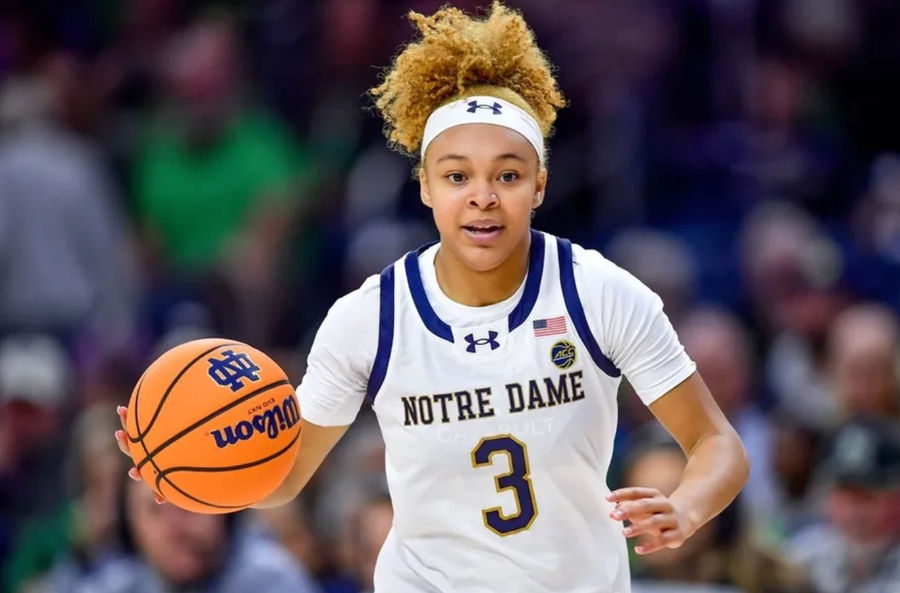 Nov 15, 2023; South Bend, Indiana, USA; Notre Dame Fighting Irish guard Hannah Hidalgo (3) dribbles in the second half against the Northwestern Wildcats at the Purcell Pavilion. credits: Matt Cashore-USA TODAY Sports