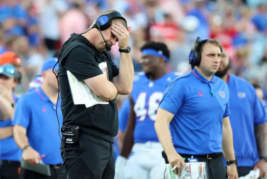 Oct 28, 2023; Jacksonville, Florida, USA; Florida Gators head coach Billy Napier reacts against the Georgia Bulldogs during the second half at EverBank Stadium. Mandatory Credit: Kim Klement Neitzel-USA TODAY Sports