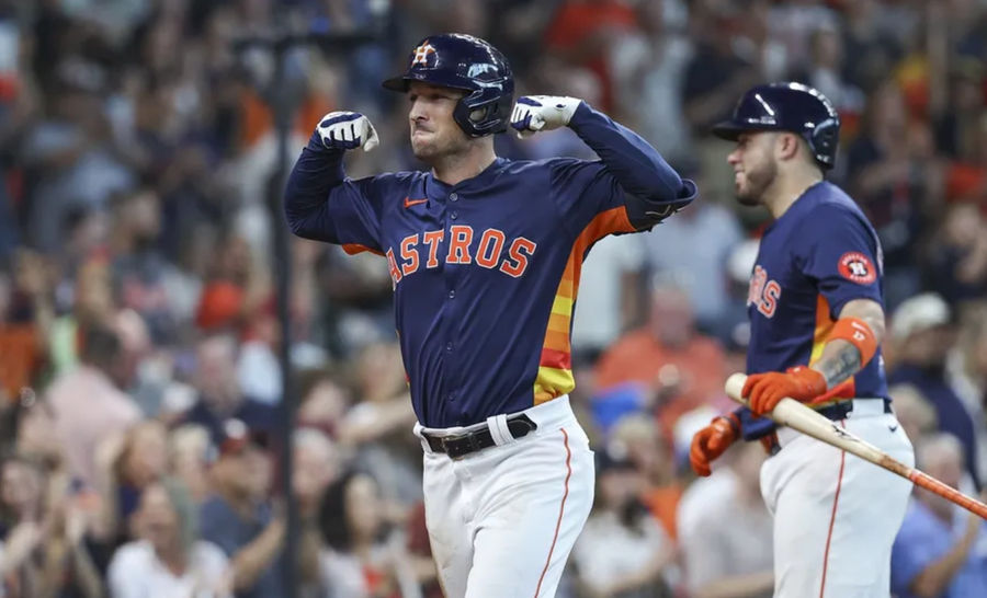 Sep 22, 2024; Houston, Texas, USA; Houston Astros third baseman Alex Bregman (2) celebrates after hitting a home run during the fifth inning against the Los Angeles Angels at Minute Maid Park. Mandatory Credit: Troy Taormina-Imagn Images