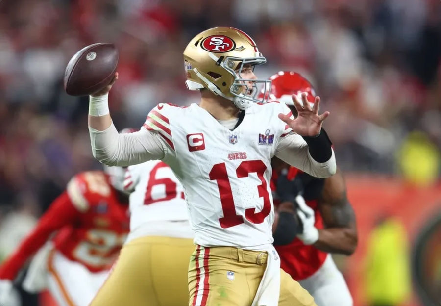 Feb 11, 2024; Paradise, Nevada, USA; San Francisco 49ers quarterback Brock Purdy (13) throws a pass against the Kansas City Chiefs in the second half in Super Bowl LVIII at Allegiant Stadium. credits: Mark J. Rebilas-USA TODAY Sports