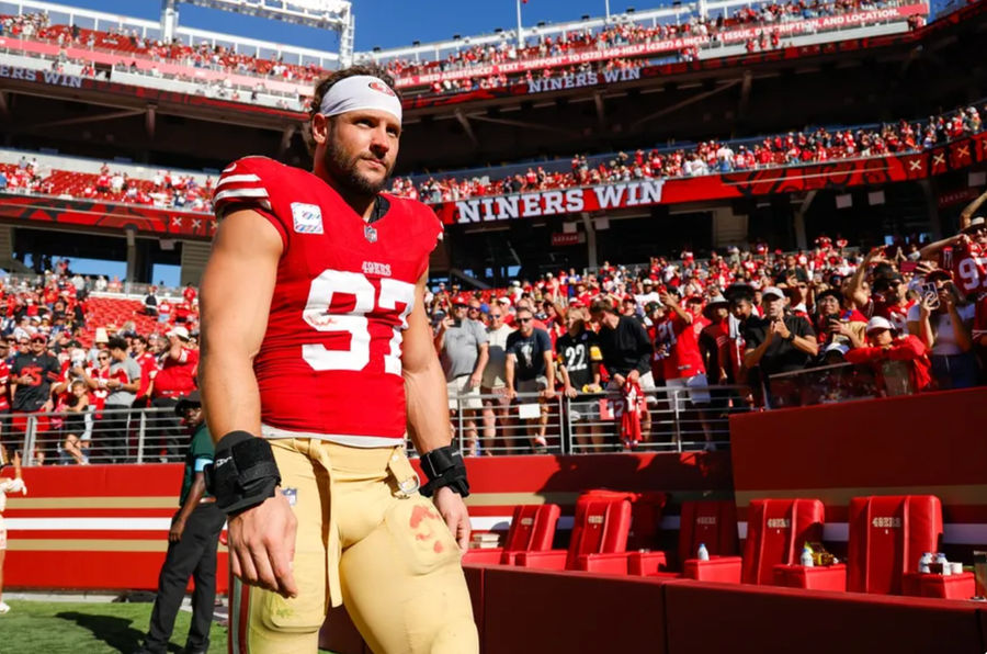 Sep 29, 2024; Santa Clara, California, USA; San Francisco 49ers defensive end Nick Bosa (97) walks off the field after the game against the New England Patriots at Levi's Stadium. Mandatory Credit: Sergio Estrada-Imagn Images