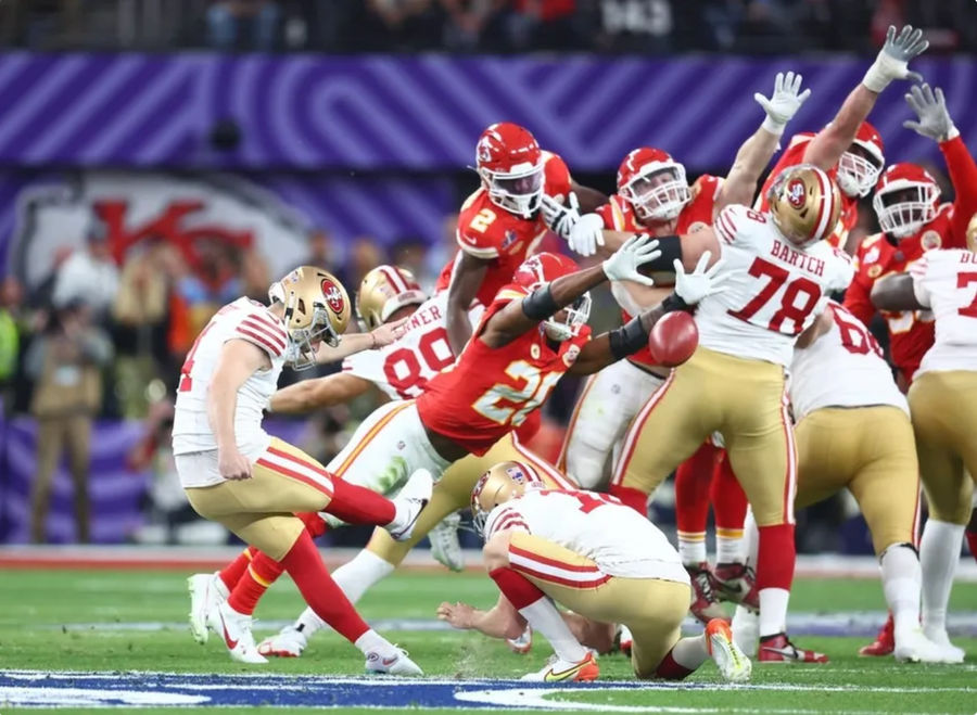 Feb 11, 2024; Paradise, Nevada, USA; San Francisco 49ers place kicker Jake Moody (4) kicks a field goal against the Kansas City Chiefs in the first half in Super Bowl LVIII at Allegiant Stadium. credits: Mark J. Rebilas-USA TODAY Sports