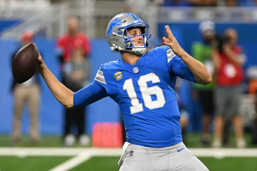 15 Sep 2024; Detroit, Michigan, USA; Detroit Lions quarterback Jared Goff (16) throws the ball against the Tampa Bay Buccaneers in the first quarter at Ford Field. Mandatory Credit: Image by Lon Horwedel-Imagn