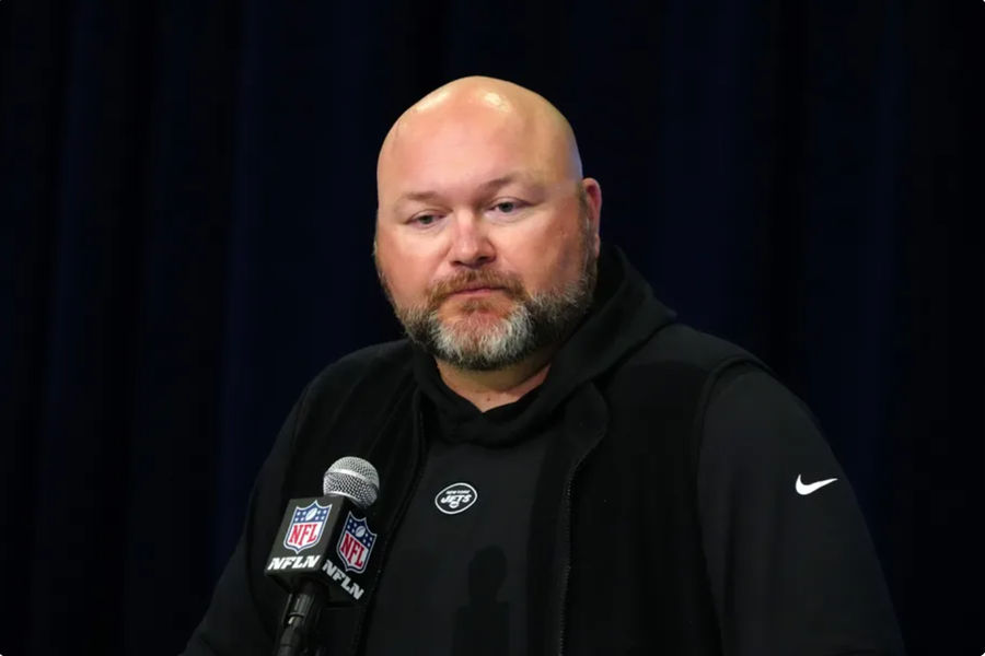 Feb 28, 2024; Indianapolis, IN, USA; New York Jets general manager Joe Douglas speaks at a press conference at the NFL Scouting Combine at Indiana Convention Center. Mandatory Credit: Kirby Lee-USA TODAY Sports