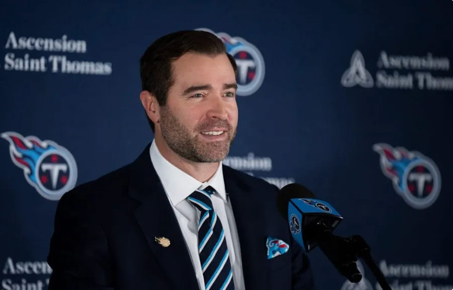 Tennessee Titans Head Coach Brian Callahan addresses the media after being introduced by Titans owner Amy Adams Strunk at Ascension Saint Thomas Sports Park in Nashville, Tenn., Thursday, Jan. 25, 2024. credits: Denny Simmons / The Tennessean / USA TODAY NETWORK