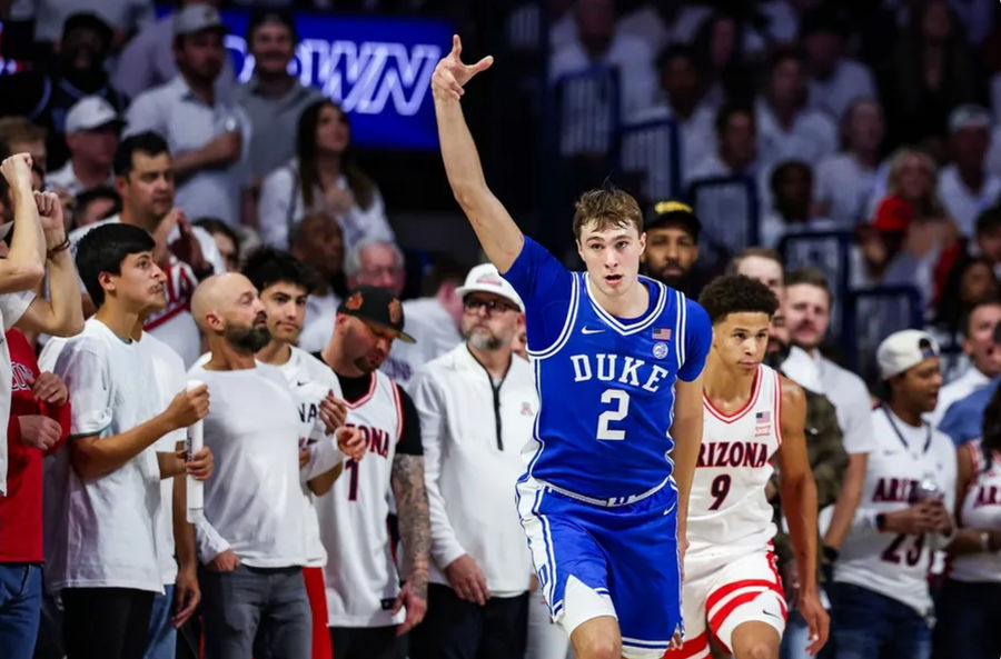 Nov 22, 2024; Tucson, Arizona, USA; Duke Blue Devils forward Cooper Flagg (2) celebrates a three pointer made during the second half against the Arizona Wildcat at McKale Center. Mandatory Credit: Aryanna Frank-Imagn Images