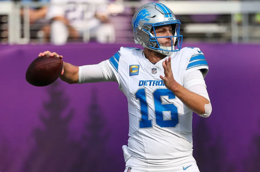 Oct 20, 2024; Minneapolis, Minnesota, USA; Detroit Lions quarterback Jared Goff (16) throws the ball against the Minnesota Vikings during the first quarter at U.S. Bank Stadium. Mandatory Credit: Matt Krohn-Imagn Images