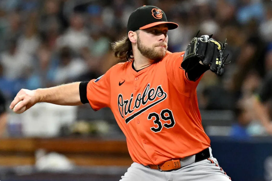 Aug 10, 2024; St. Petersburg, Florida, USA; Baltimore Orioles starting pitcher Corbin Burnes (39) throws a pitch in the first inning against the Tampa Bay Rays at Tropicana Field. Mandatory Credit: Jonathan Dyer-USA TODAY Sports