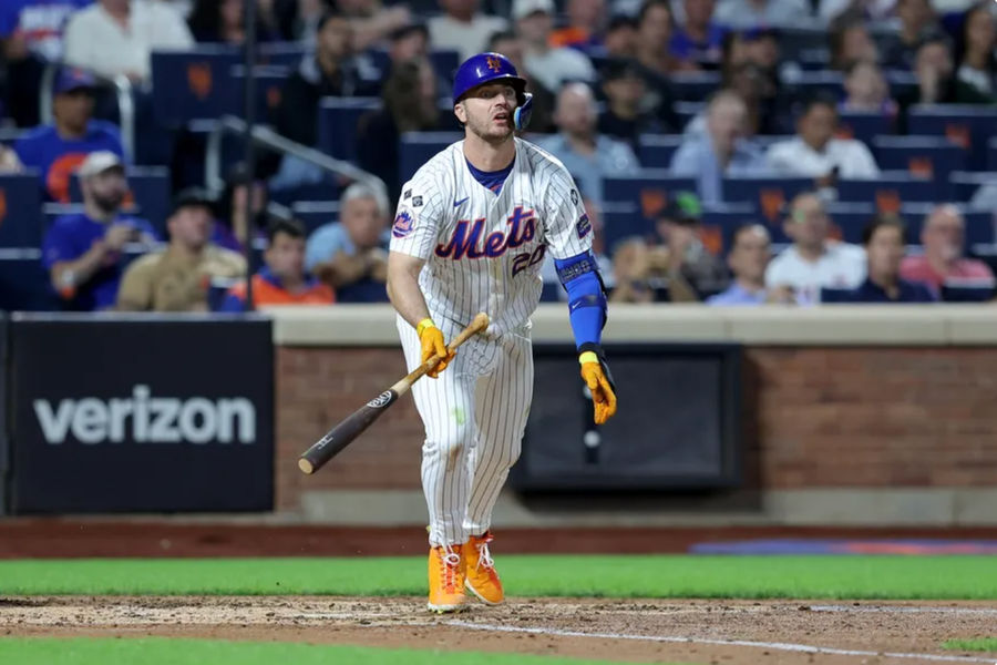 Sep 17, 2024; New York City, New York, USA; New York Mets first baseman Pete Alonso (20) watches his two run single against the Washington Nationals during the third inning at Citi Field. Mandatory Credit: Brad Penner-Imagn Images