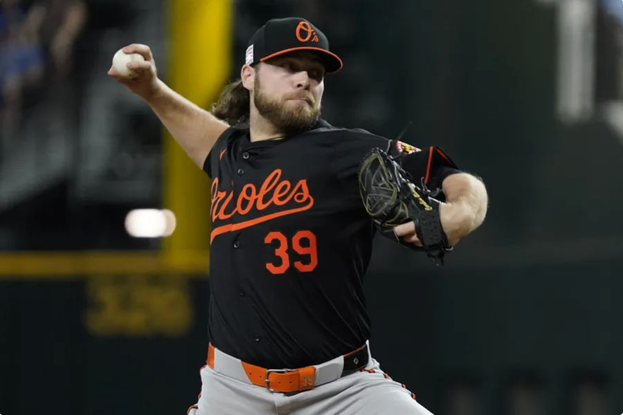 Jul 19, 2024; Arlington, Texas, USA; Baltimore Orioles pitcher Corbin Burnes (39) throws to the plate during the first inning against the Texas Rangers at Globe Life Field. Mandatory Credit: Raymond Carlin III-USA TODAY Sports