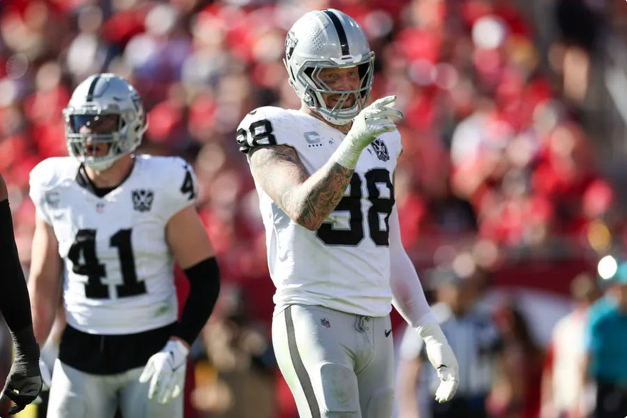 Dec 8, 2024; Tampa, Florida, USA; Las Vegas Raiders defensive end Maxx Crosby (98) celebrates after a sack against the Tampa Bay Buccaneers in the second quarter at Raymond James Stadium. Mandatory Credit: Nathan Ray Seebeck-Imagn Images