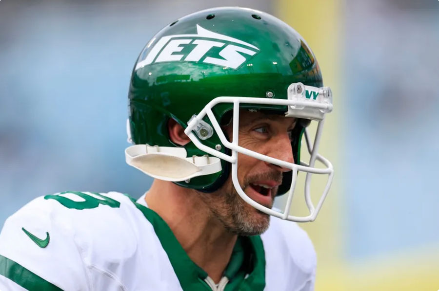 New York Jets quarterback Aaron Rodgers (8) looks on before an NFL football matchup Sunday, Dec. 15, 2024 at EverBank Stadium in Jacksonville, Fla. [Corey Perrine/Florida Times-Union]