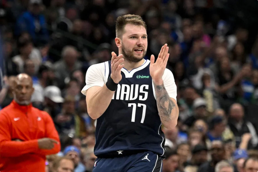 Dec 23, 2024; Dallas, Texas, USA; Dallas Mavericks guard Luka Doncic (77) celebrates during the second half against the Portland Trail Blazers at the American Airlines Center. Mandatory Credit: Jerome Miron-Imagn Images